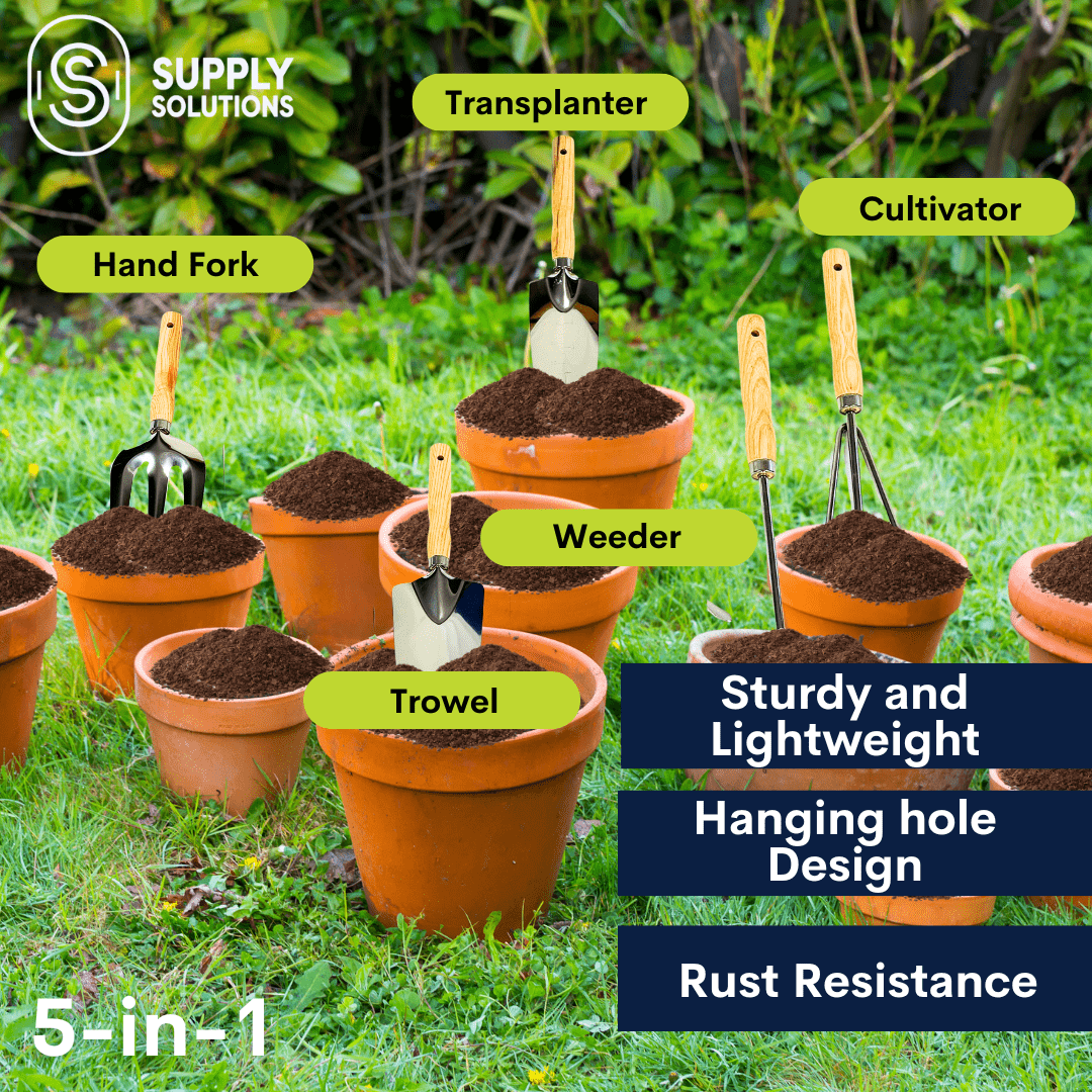 Supply Solutions Gardening Tools - Perfect Garden Tools for Women or Men - Small Heavy Duty Gardening Hand Tools with Trowel, Transplanter, Fork, Rake, and Cultivator