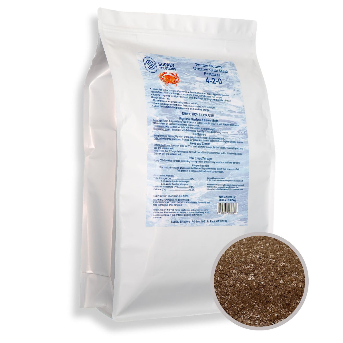Supply Solutions Organic Crab Meal Fertilizer 4-2-0 | 18% Calcium | Natural Soil Amendment for Garden, Lawn, and Flower Beds | Improves Soil Health & Boosts Plant Growth