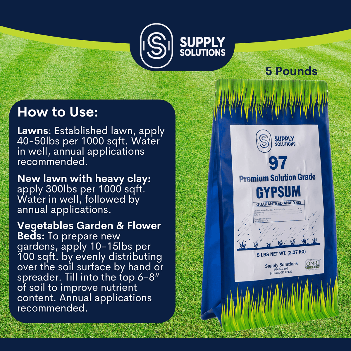 Supply Solutions Premium 97 Solution Grade Gypsum - Fast Acting Gypsum for Soil - Organic Calcium Sulfate Dihydrate - Soil Acidifier Gypsum Powder for Root Growth, Lawns, Mushroom Cultivation