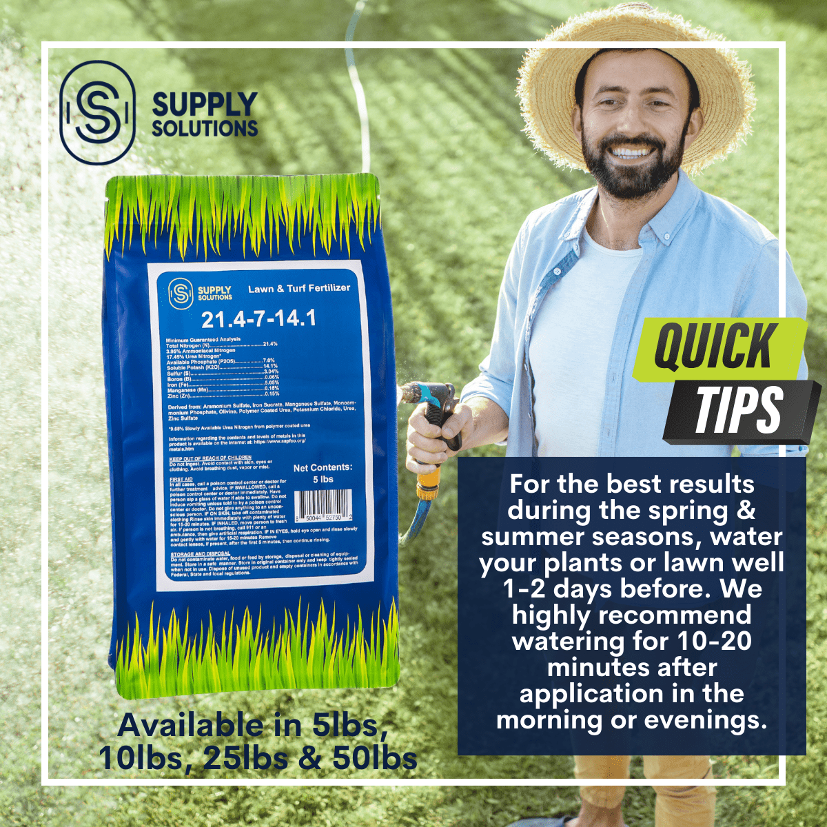 Supply Solutions 21.4-7-14.1 Lawn and Turf Fertilizer with Iron - Plant Food for Lawn Achieves a Lush Green Lawn in Weeks - Turf Builder for All Grass Types