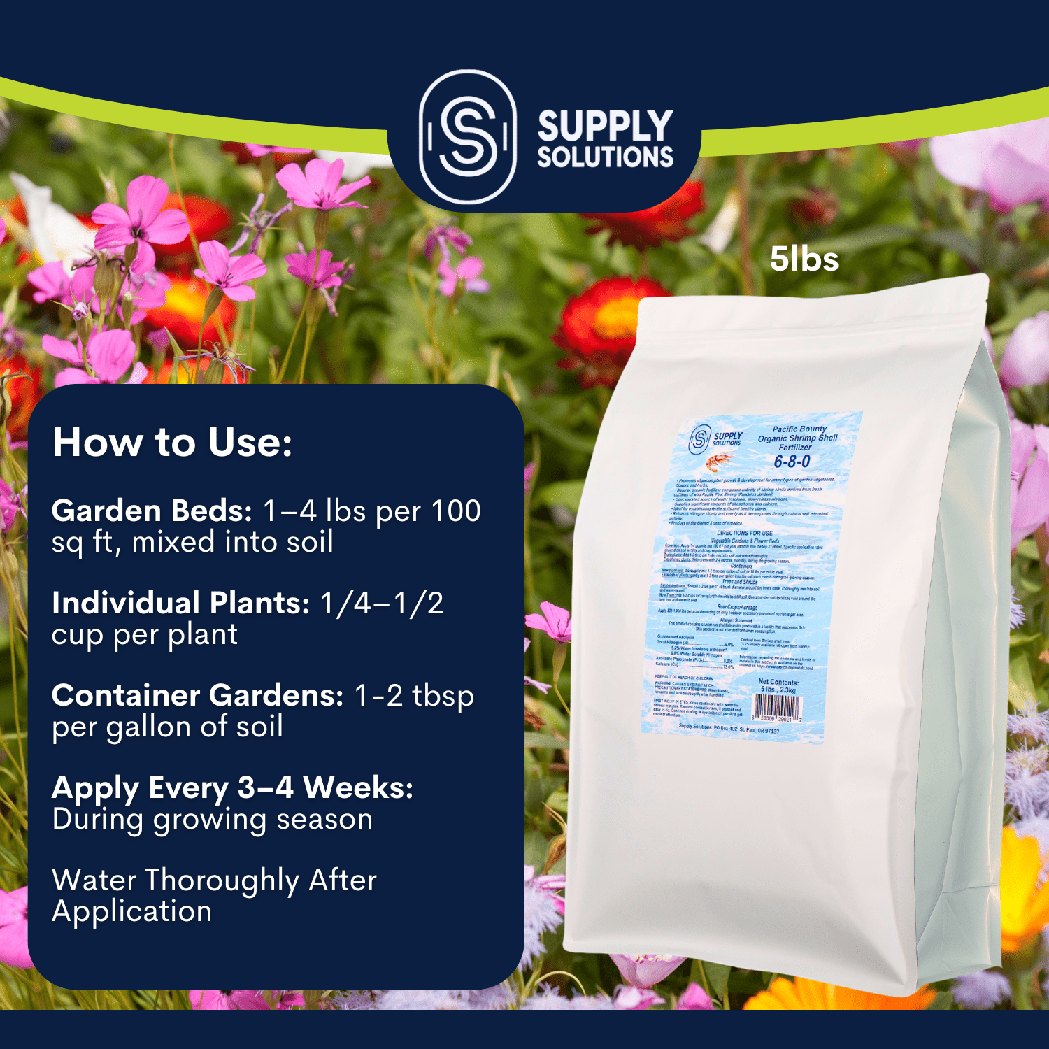 Supply Solutions Pacific Bounty Organic Shrimp Fertilizer 6-8-0 | 13% Calcium | Natural Phosphorus-Rich Fertilizer for Tomatoes, Peppers, and Flowering Plants | Soil-Building