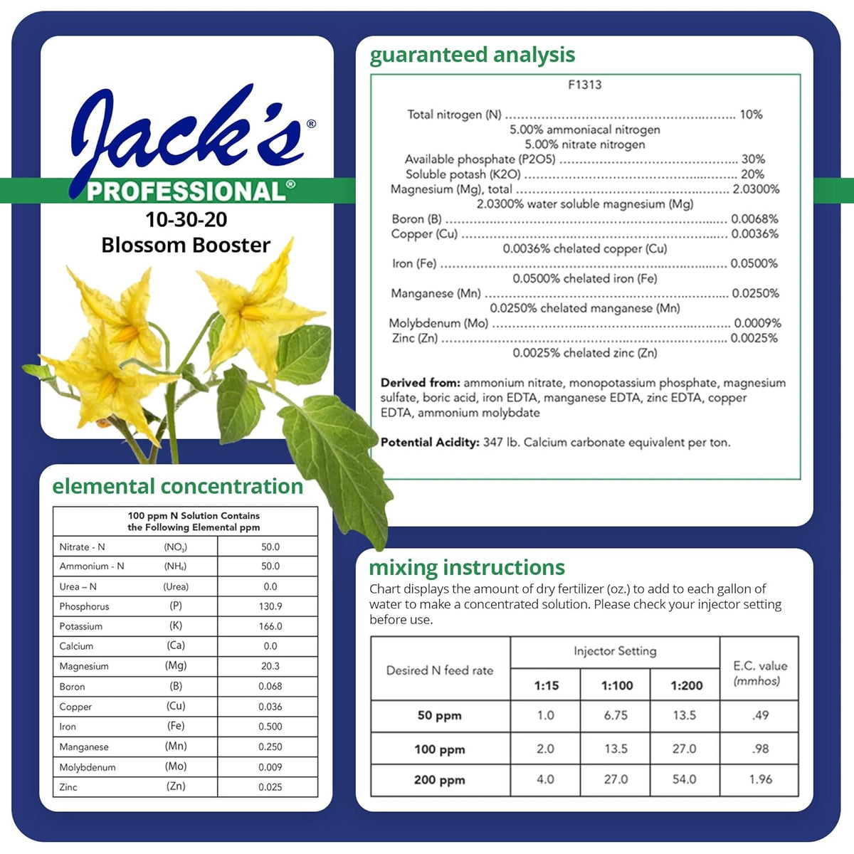 Jack's Professional 10-30-20 Blossom Booster Water-Soluble Fertilizer with Micronutrients for Increasing Blooms in Plants Grown in Continuous Liquid Feed Programs (25lbs)