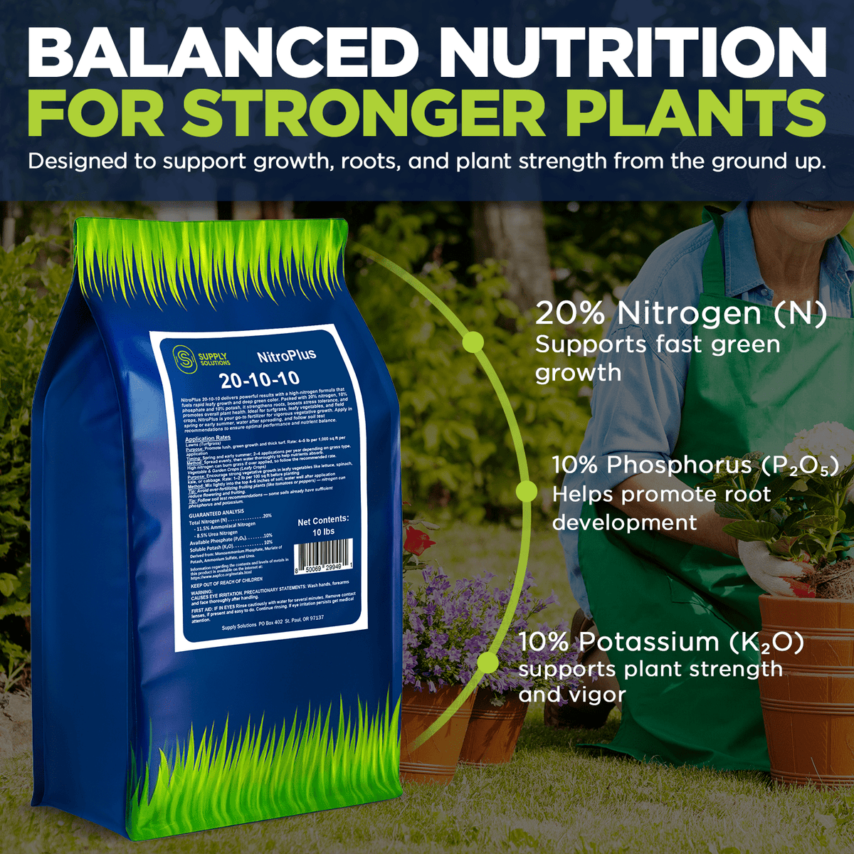 Supply Solutions NitroPlus 20-10-10 Fertilizer for Lawns and Gardens, All Purpose Lawn Fertilizer and Garden Fertilizer, Outdoor Plant Food with Nitrogen Phosphate and Potash Blend 10Lbs