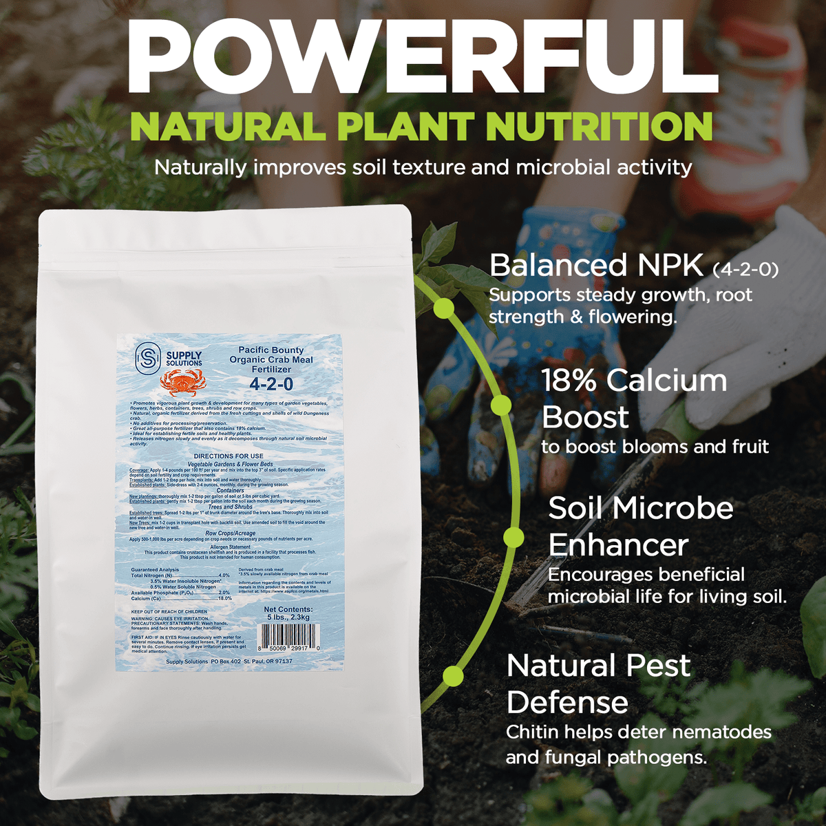 Supply Solutions Organic Crab Meal Fertilizer 4-2-0 | 18% Calcium | Natural Soil Amendment for Garden, Lawn, and Flower Beds | Improves Soil Health & Boosts Plant Growth