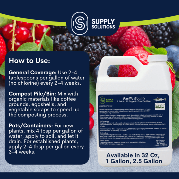 Supply Solutions Pacific Bounty 2.0-0.5-1.25 Organic Fish Fertilizer for Plants - Nutrient-rich Liquid Organic Fertilizer for Vegetables Fruits - Derived Fish Protein Hydrolysate Molasses - Image 7