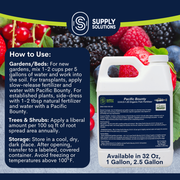 Supply Solutions Pacific Bounty 2.0-0.5-1.25 Organic Fish Fertilizer for Plants - Nutrient-rich Liquid Organic Fertilizer for Vegetables Fruits - Derived Fish Protein Hydrolysate Molasses - Image 8