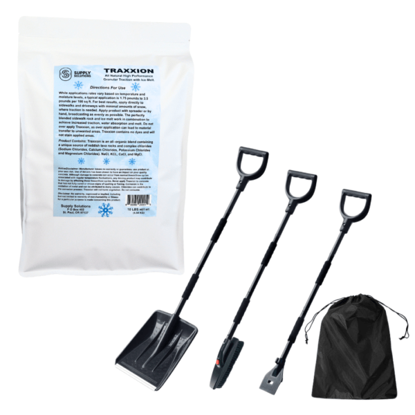 Supply Solutions Traxxion Granular Traction with Ice Melt - Pet Safe Ice Melt Snow Salt - Non Toxic Winter Salt - Bundle with 3-in-1 Collapsible Snow Shovel Kit for Car Emergency Driveway (5 Items)